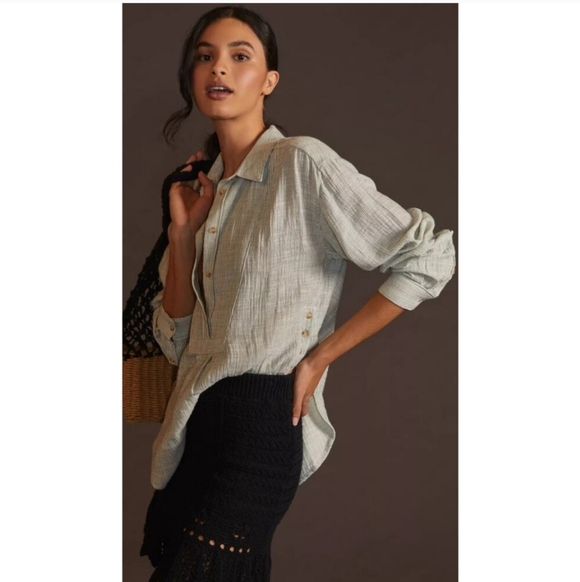 Anthropologie Button Side Striped Textured Shirt, Women's Plus Size Small Cotton - Picture 3 of 8